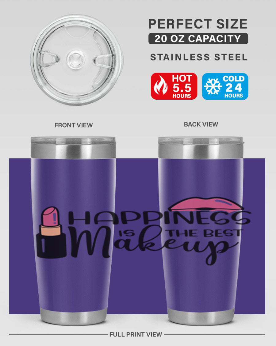 Happiness Is The Best Makeup Style 93# tumbler featuring a stylish design, double wall vacuum stainless steel construction, and a drink-thru lid.