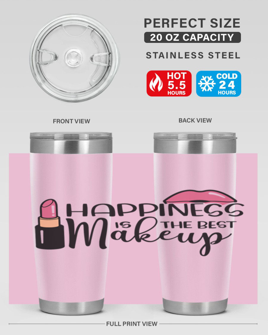 Happiness Is The Best Makeup Style 93# tumbler featuring a stylish design, double wall vacuum stainless steel construction, and a drink-thru lid.
