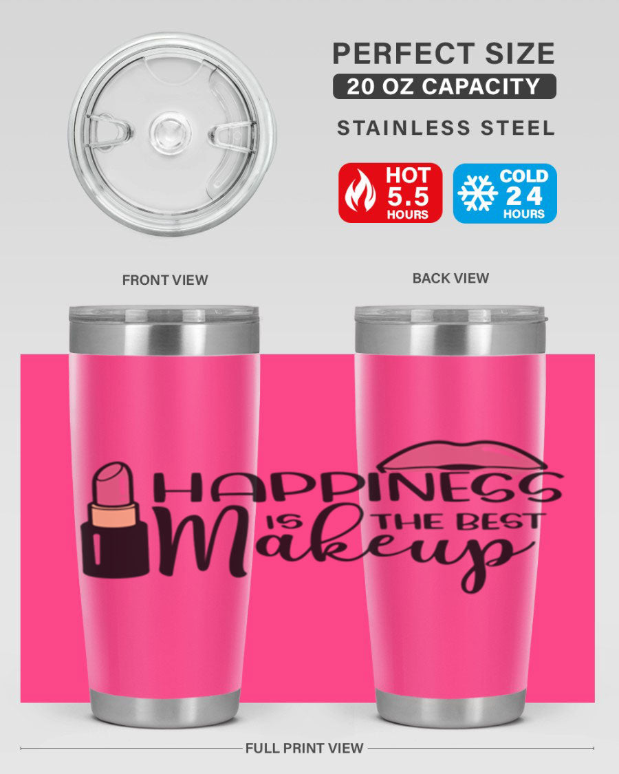 Happiness Is The Best Makeup Style 93# tumbler featuring a stylish design, double wall vacuum stainless steel construction, and a drink-thru lid.