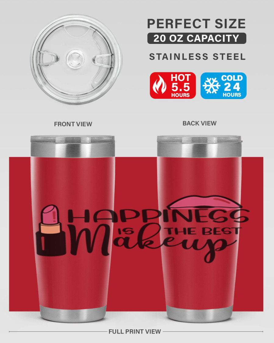 Happiness Is The Best Makeup Style 93# tumbler featuring a stylish design, double wall vacuum stainless steel construction, and a drink-thru lid.