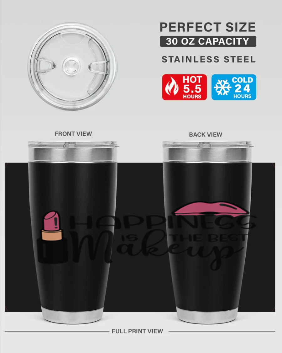 Happiness Is The Best Makeup Style 93# tumbler featuring a stylish design, double wall vacuum stainless steel construction, and a drink-thru lid.