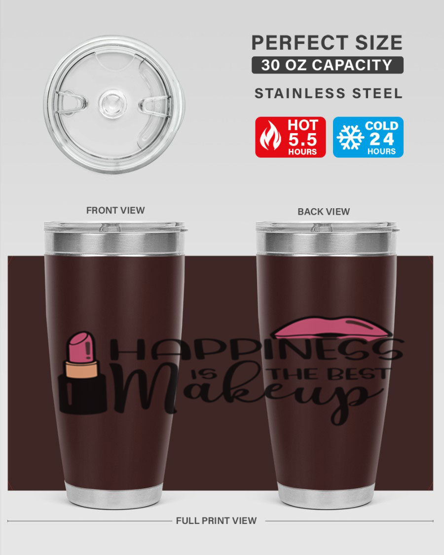 Happiness Is The Best Makeup Style 93# tumbler featuring a stylish design, double wall vacuum stainless steel construction, and a drink-thru lid.