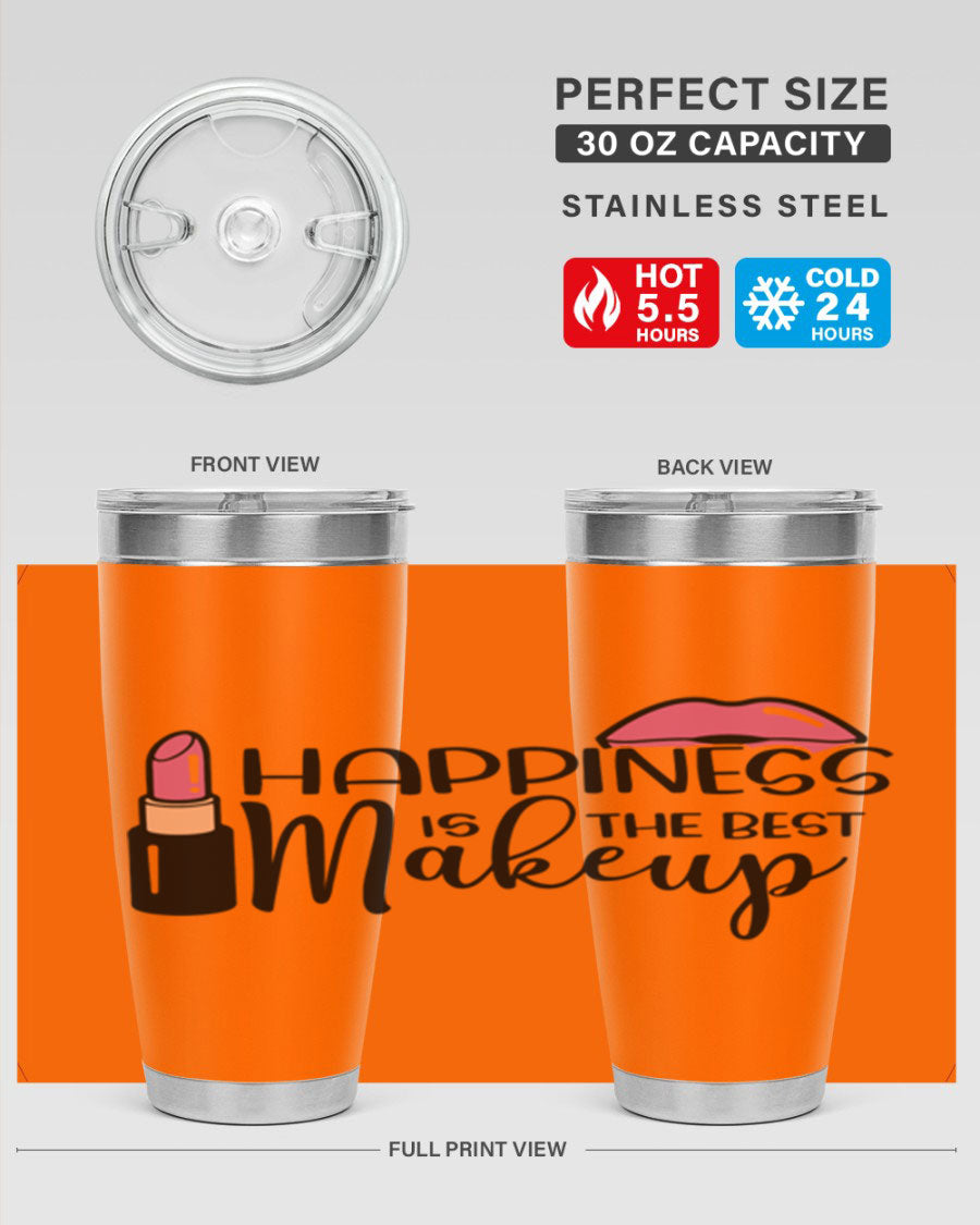 Happiness Is The Best Makeup Style 93# tumbler featuring a stylish design, double wall vacuum stainless steel construction, and a drink-thru lid.