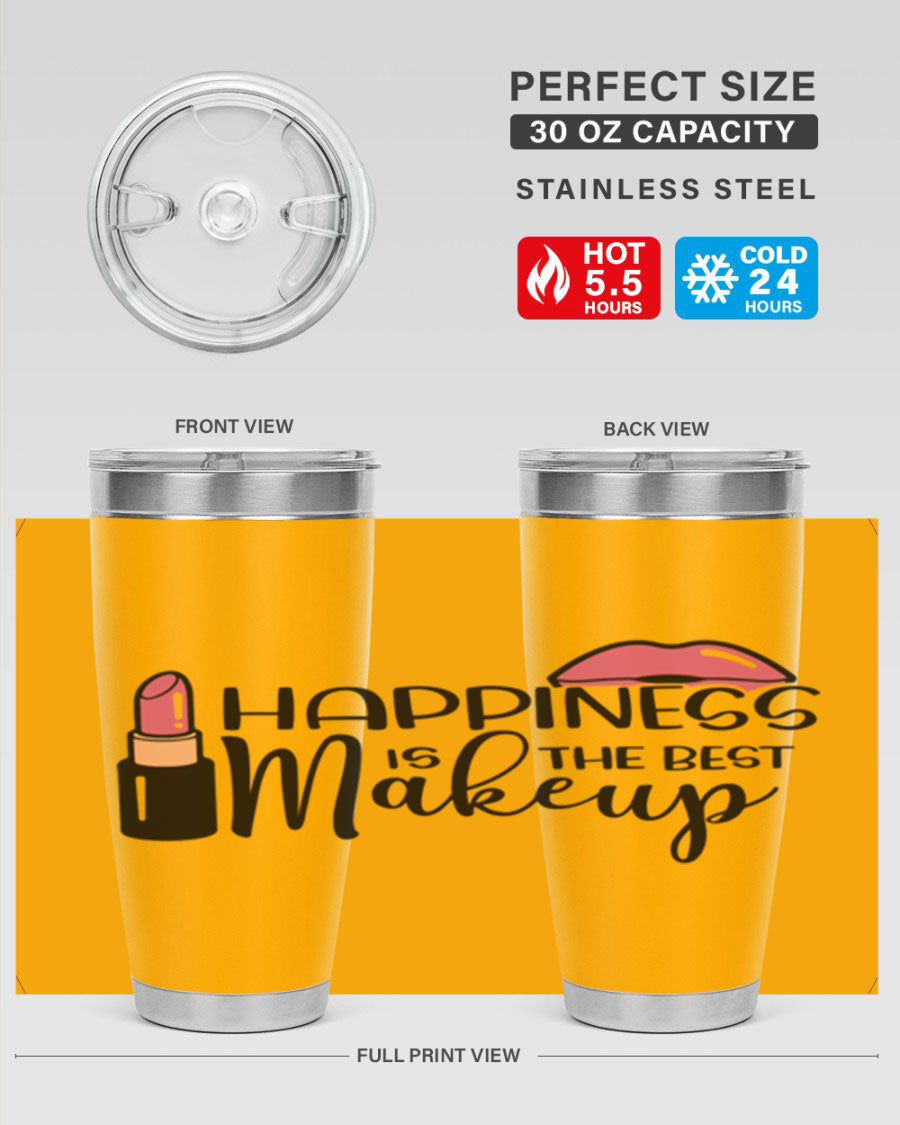 Happiness Is The Best Makeup Style 93# tumbler featuring a stylish design, double wall vacuum stainless steel construction, and a drink-thru lid.