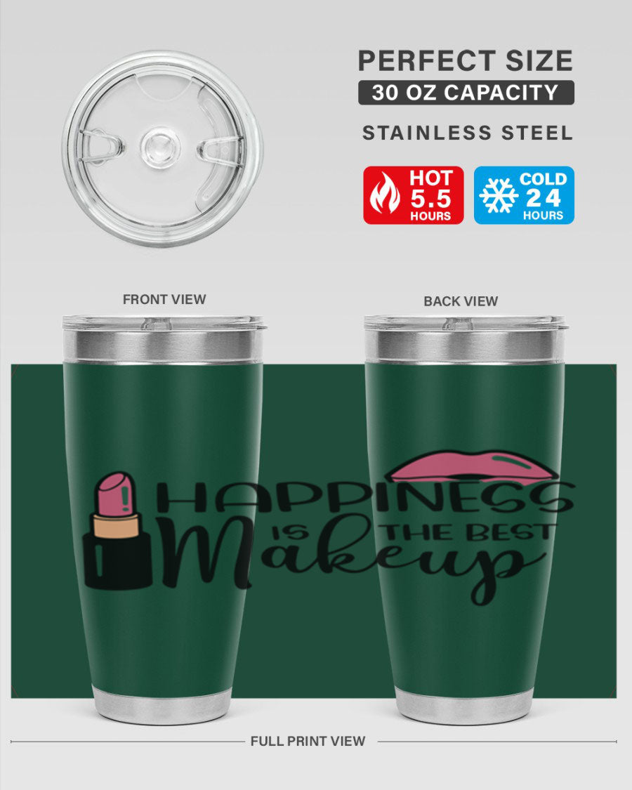 Happiness Is The Best Makeup Style 93# tumbler featuring a stylish design, double wall vacuum stainless steel construction, and a drink-thru lid.