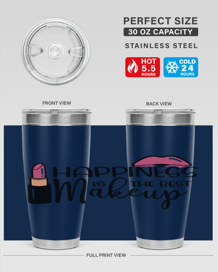 Happiness Is The Best Makeup Style 93# tumbler featuring a stylish design, double wall vacuum stainless steel construction, and a drink-thru lid.