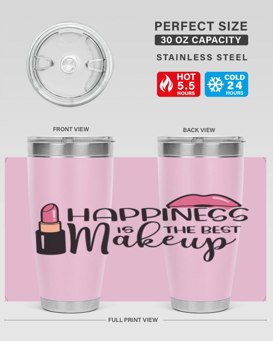 Happiness Is The Best Makeup Style 93# tumbler featuring a stylish design, double wall vacuum stainless steel construction, and a drink-thru lid.