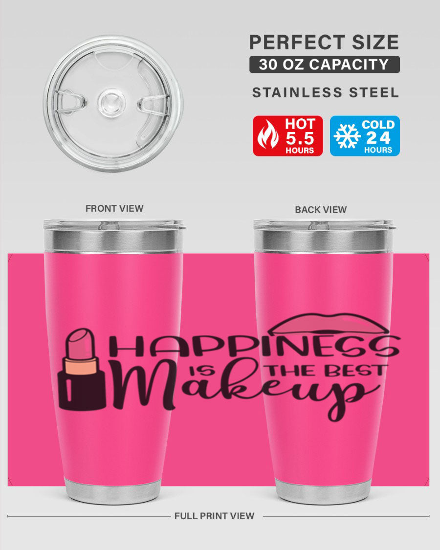 Happiness Is The Best Makeup Style 93# tumbler featuring a stylish design, double wall vacuum stainless steel construction, and a drink-thru lid.