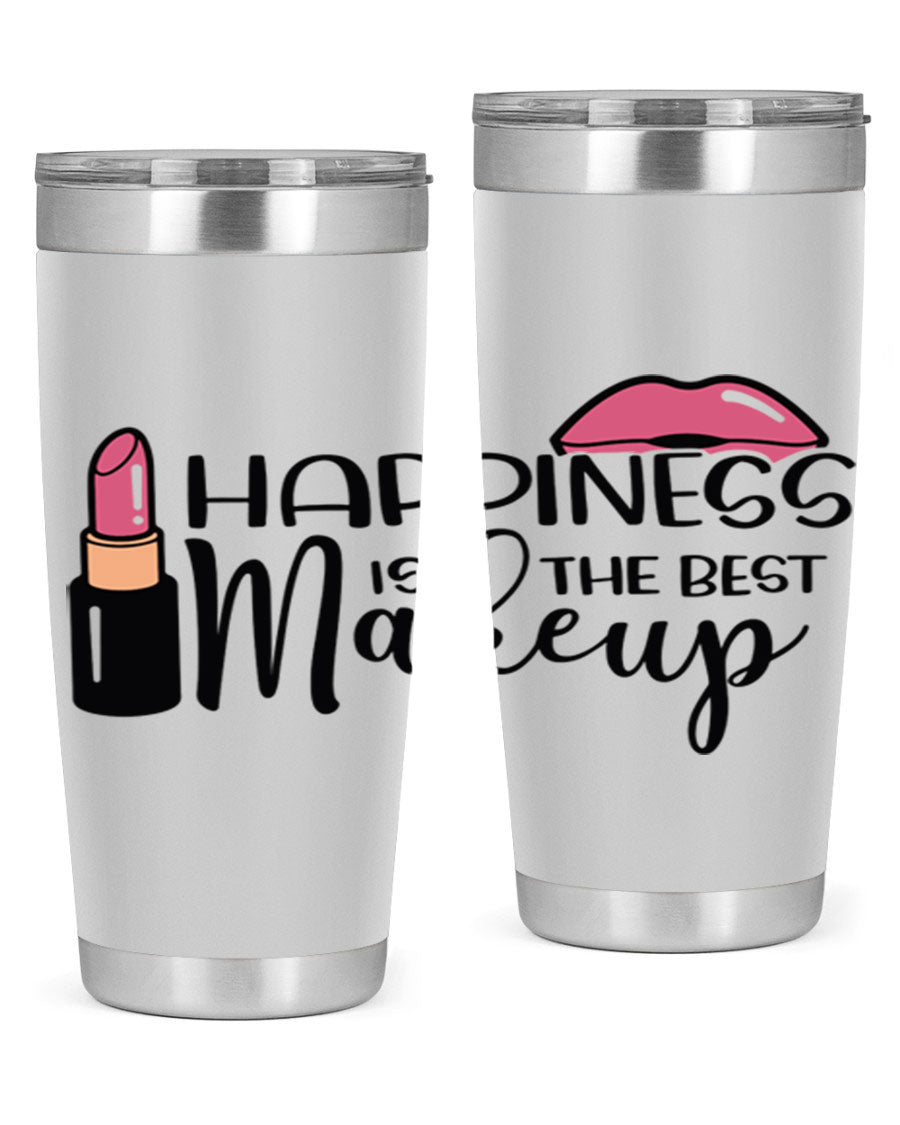 Happiness Is The Best Makeup Style 93# tumbler featuring a stylish design, double wall vacuum stainless steel construction, and a drink-thru lid.