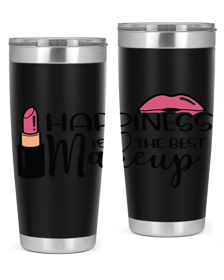 Happiness Is The Best Makeup Style 93# tumbler featuring a stylish design, double wall vacuum stainless steel construction, and a drink-thru lid.