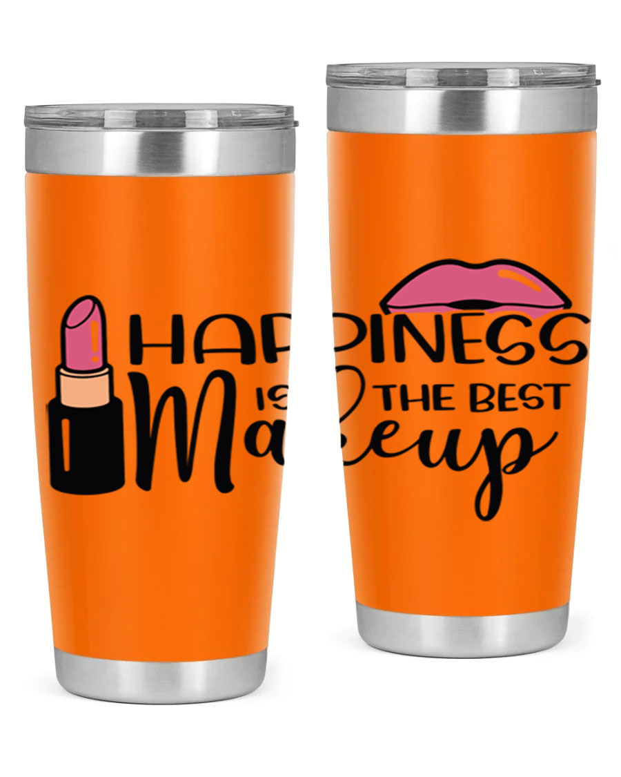 Happiness Is The Best Makeup Style 93# tumbler featuring a stylish design, double wall vacuum stainless steel construction, and a drink-thru lid.