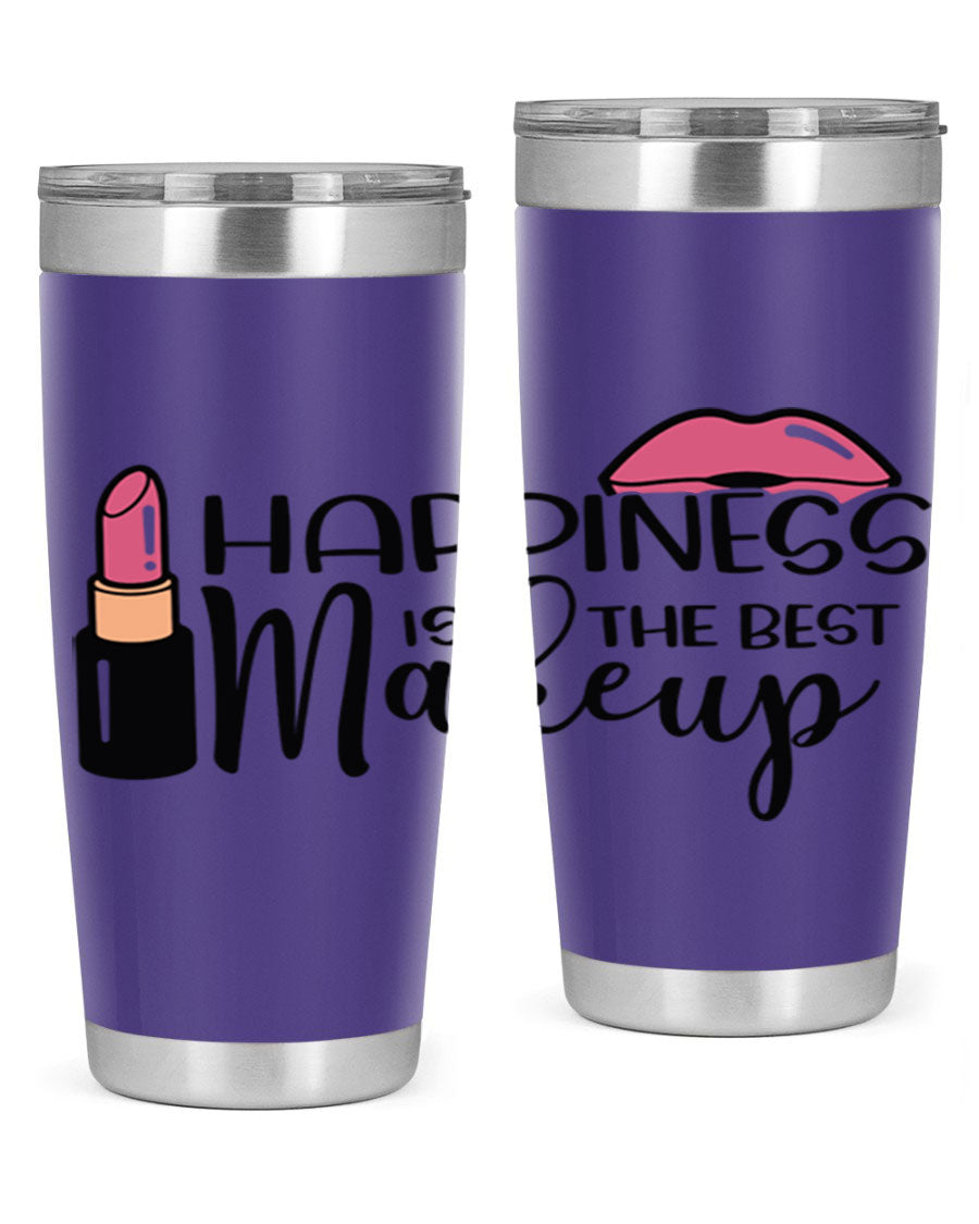Happiness Is The Best Makeup Style 93# tumbler featuring a stylish design, double wall vacuum stainless steel construction, and a drink-thru lid.