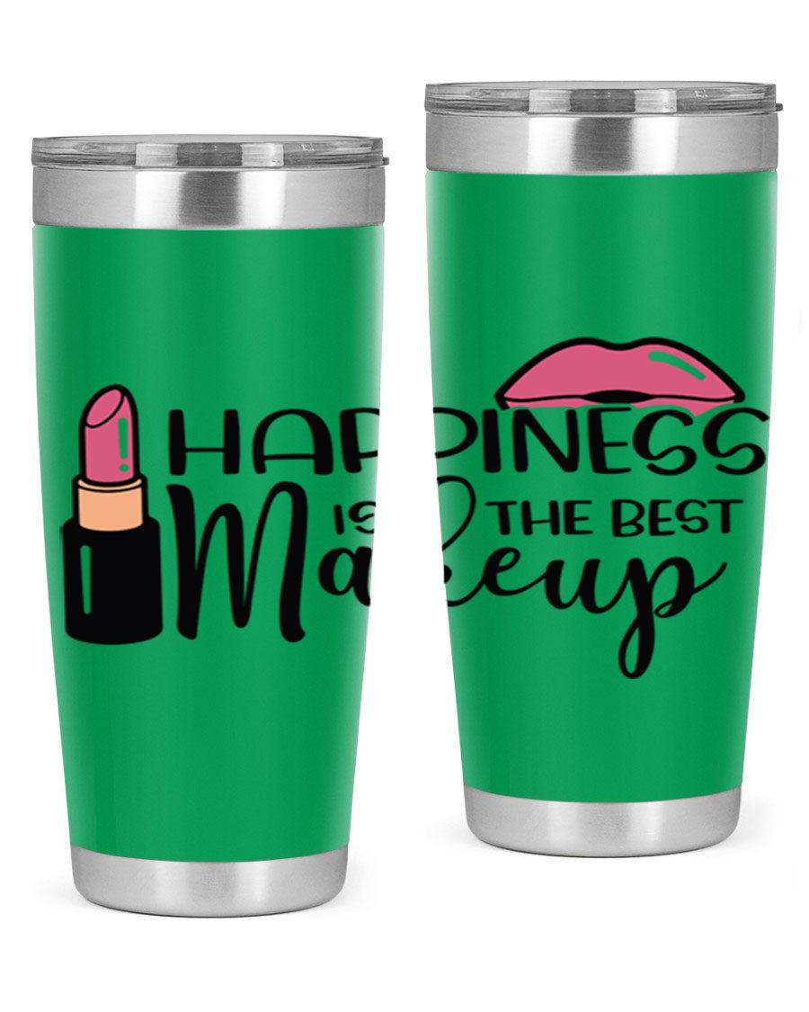 Happiness Is The Best Makeup Style 93# tumbler featuring a stylish design, double wall vacuum stainless steel construction, and a drink-thru lid.