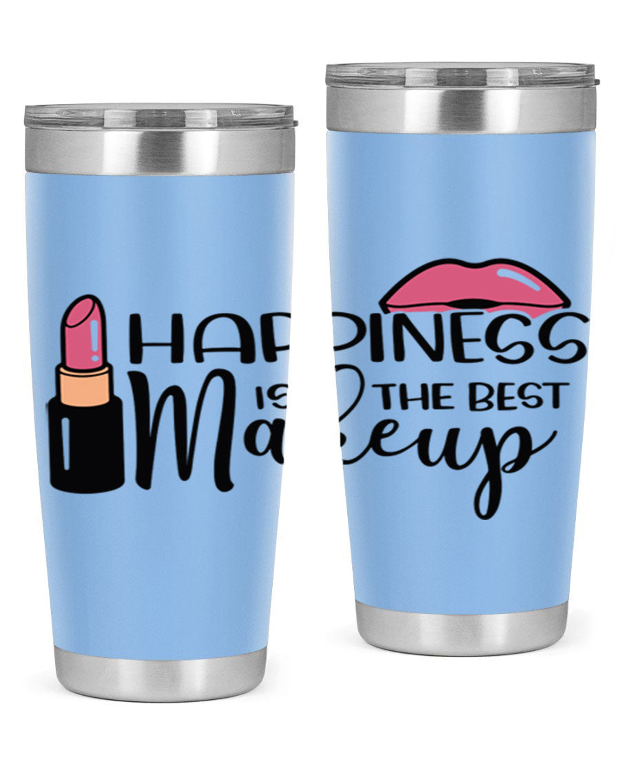 Happiness Is The Best Makeup Style 93# tumbler featuring a stylish design, double wall vacuum stainless steel construction, and a drink-thru lid.