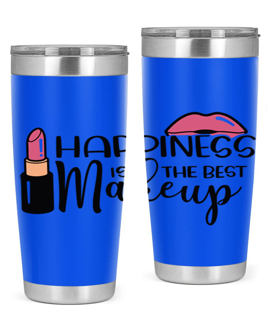 Happiness Is The Best Makeup Style 93# tumbler featuring a stylish design, double wall vacuum stainless steel construction, and a drink-thru lid.