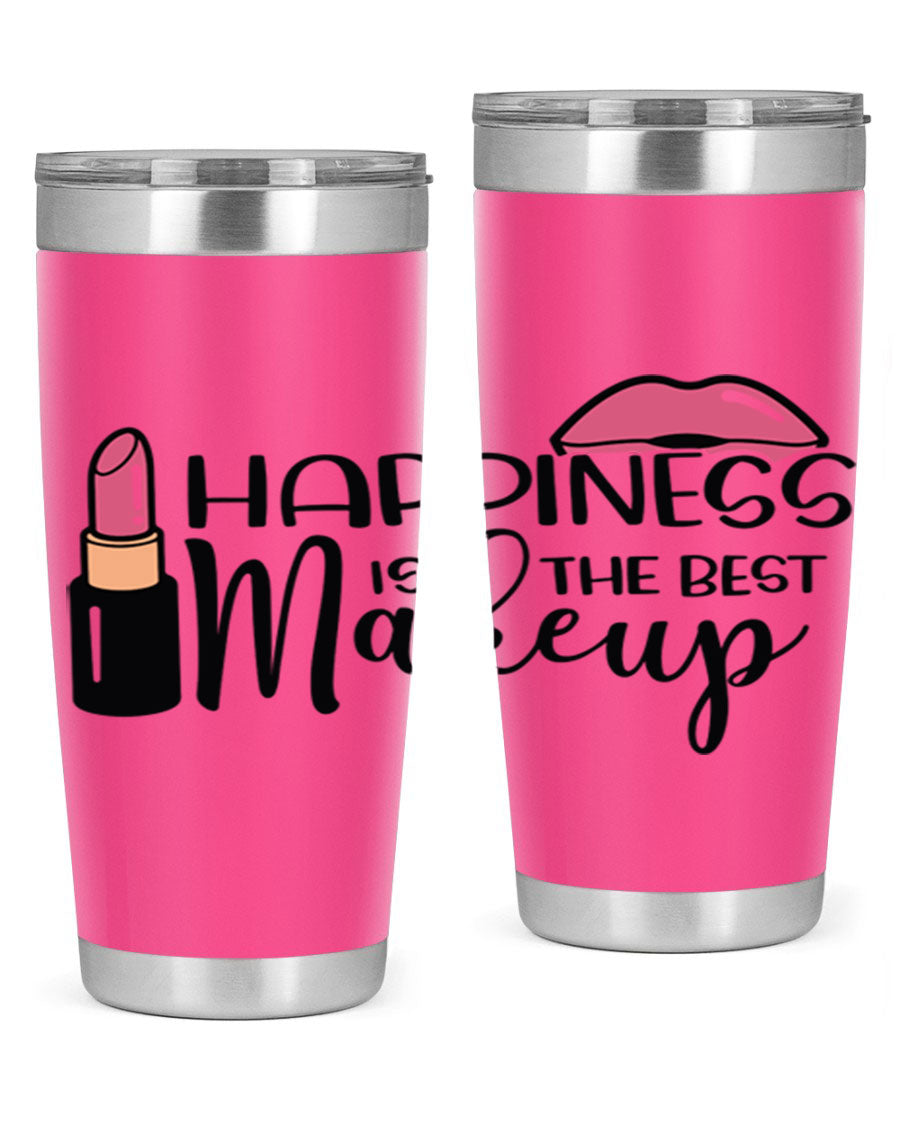 Happiness Is The Best Makeup Style 93# tumbler featuring a stylish design, double wall vacuum stainless steel construction, and a drink-thru lid.
