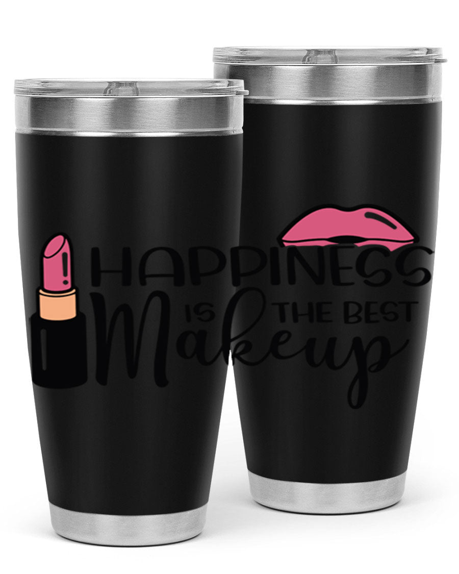 Happiness Is The Best Makeup Style 93# tumbler featuring a stylish design, double wall vacuum stainless steel construction, and a drink-thru lid.