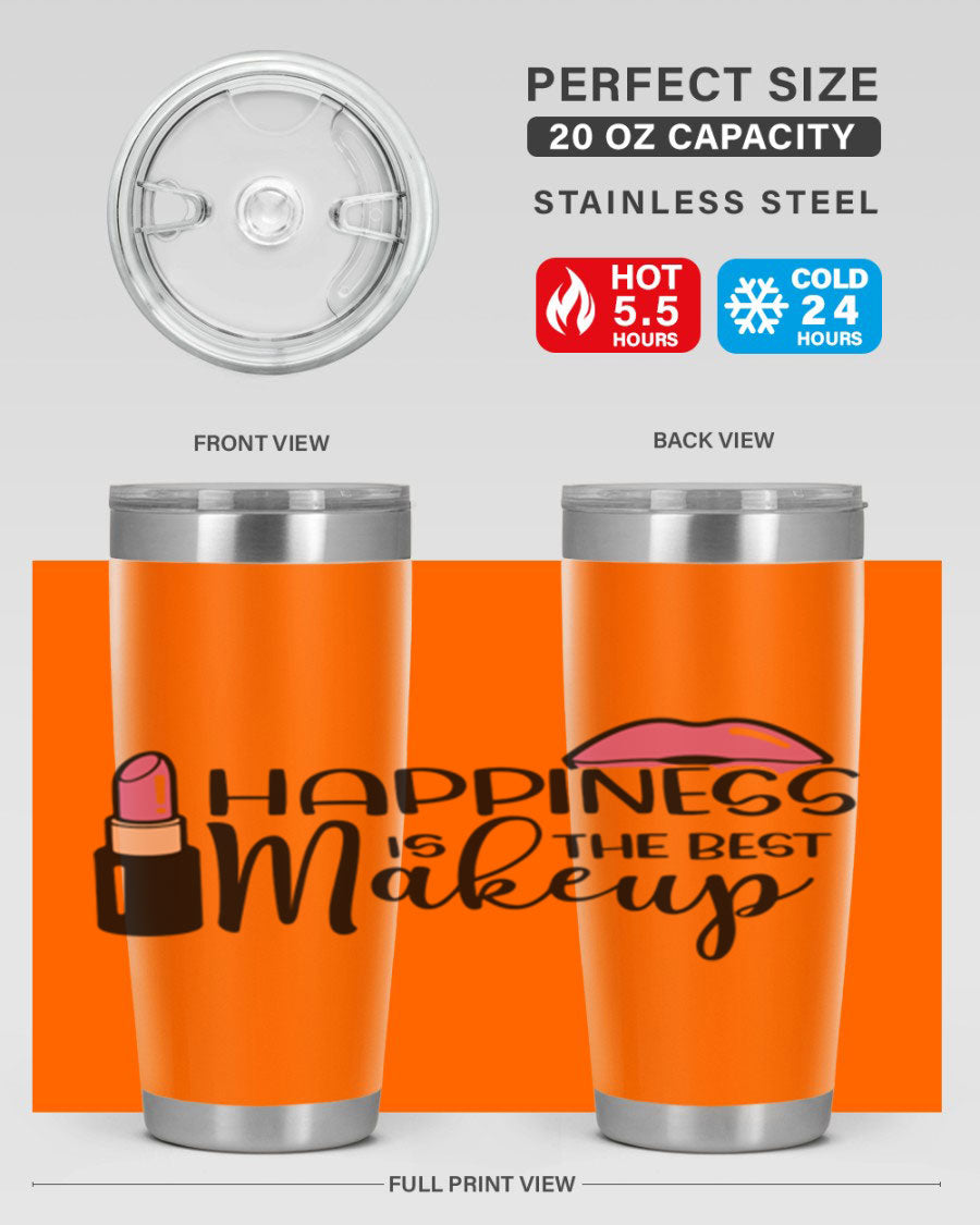 Happiness Is The Best Makeup Style 93# tumbler featuring a stylish design, double wall vacuum stainless steel construction, and a drink-thru lid.