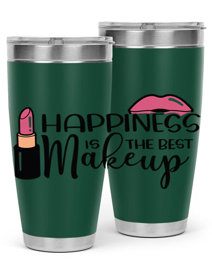 Happiness Is The Best Makeup Style 93# tumbler featuring a stylish design, double wall vacuum stainless steel construction, and a drink-thru lid.