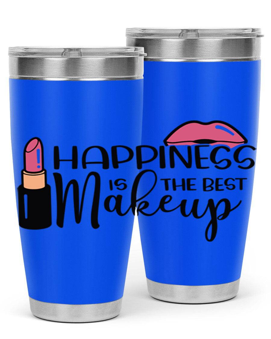 Happiness Is The Best Makeup Style 93# tumbler featuring a stylish design, double wall vacuum stainless steel construction, and a drink-thru lid.