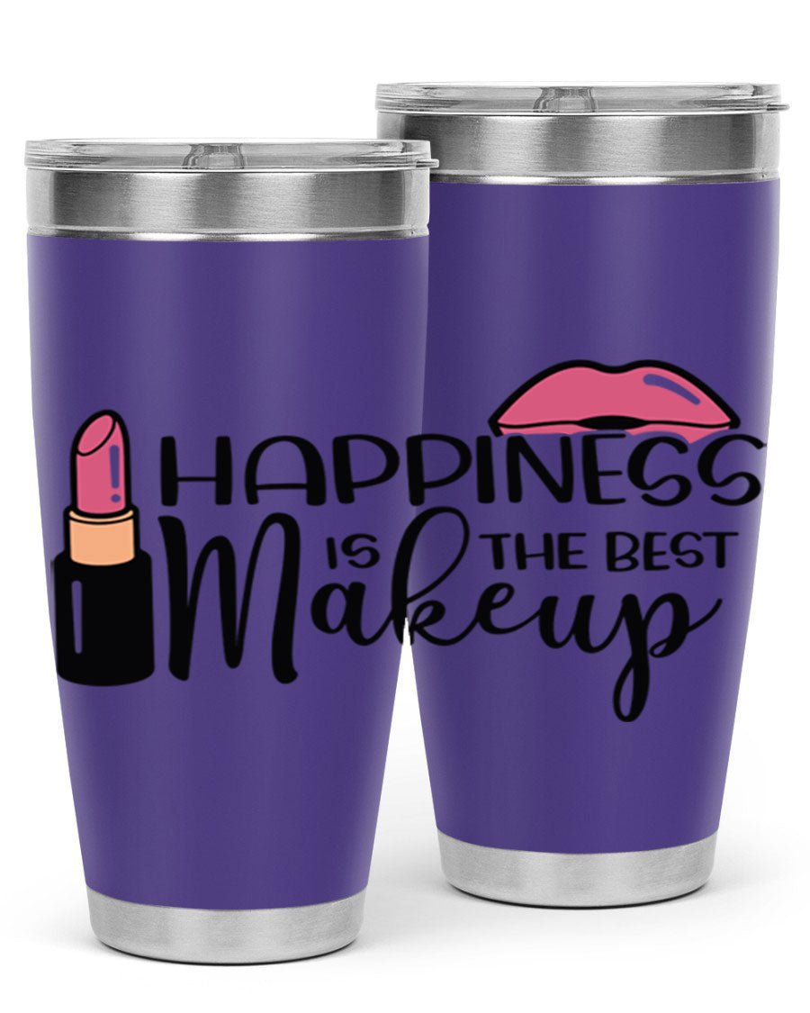 Happiness Is The Best Makeup Style 93# tumbler featuring a stylish design, double wall vacuum stainless steel construction, and a drink-thru lid.