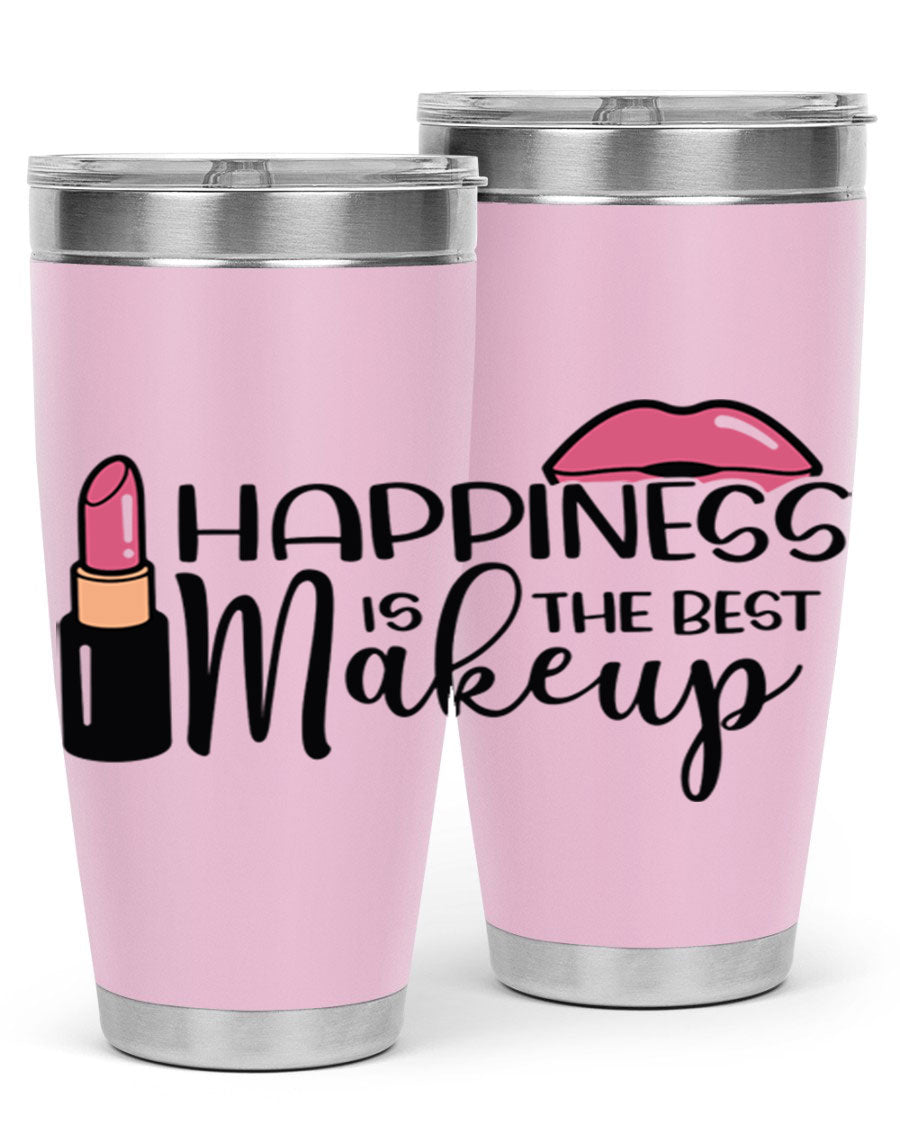Happiness Is The Best Makeup Style 93# tumbler featuring a stylish design, double wall vacuum stainless steel construction, and a drink-thru lid.