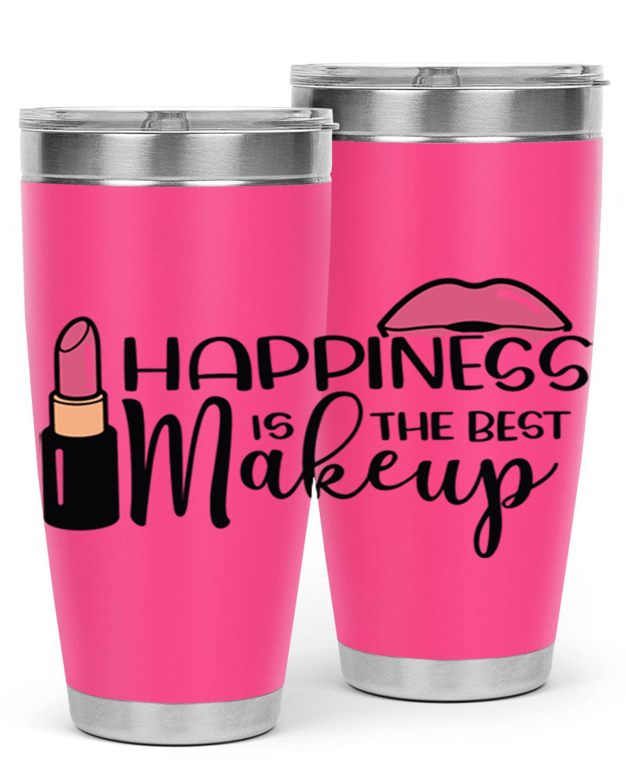Happiness Is The Best Makeup Style 93# tumbler featuring a stylish design, double wall vacuum stainless steel construction, and a drink-thru lid.