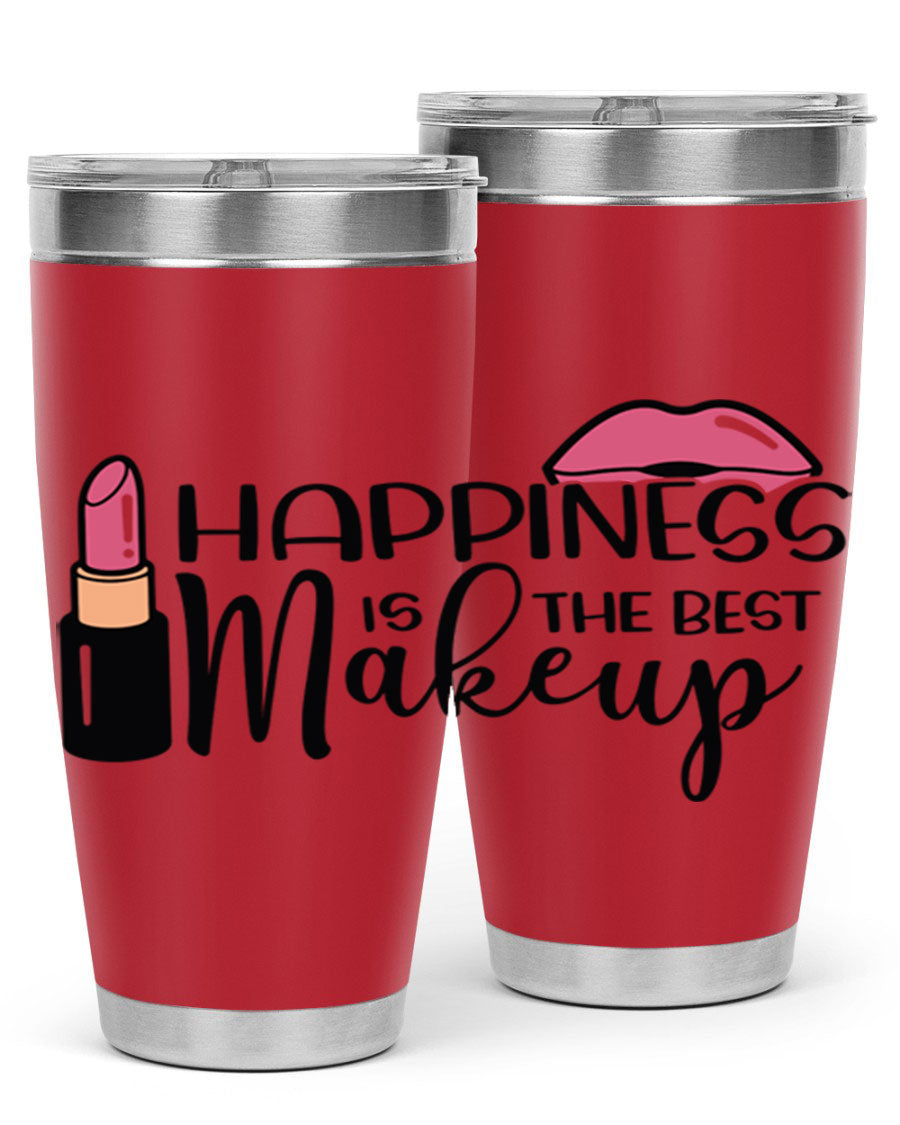 Happiness Is The Best Makeup Style 93# tumbler featuring a stylish design, double wall vacuum stainless steel construction, and a drink-thru lid.