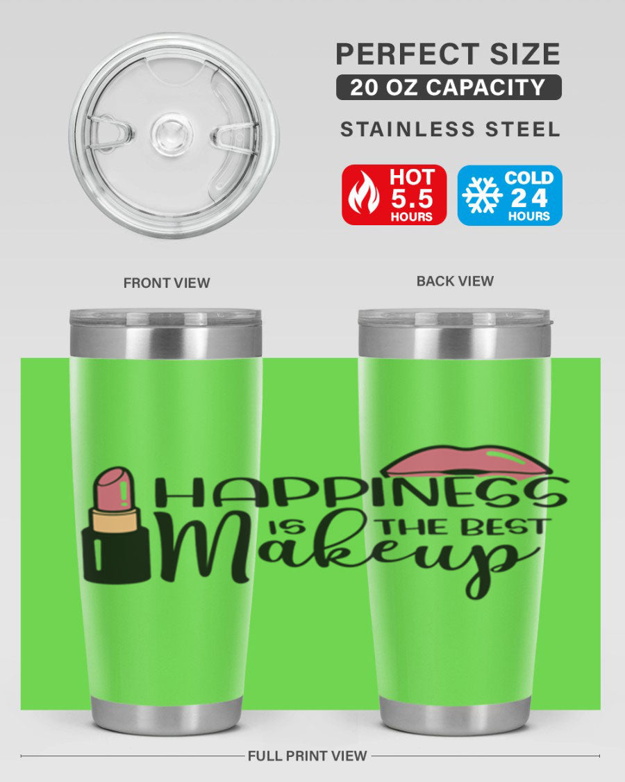 Happiness Is The Best Makeup Style 93# tumbler featuring a stylish design, double wall vacuum stainless steel construction, and a drink-thru lid.