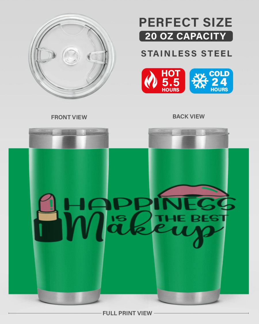 Happiness Is The Best Makeup Style 93# tumbler featuring a stylish design, double wall vacuum stainless steel construction, and a drink-thru lid.