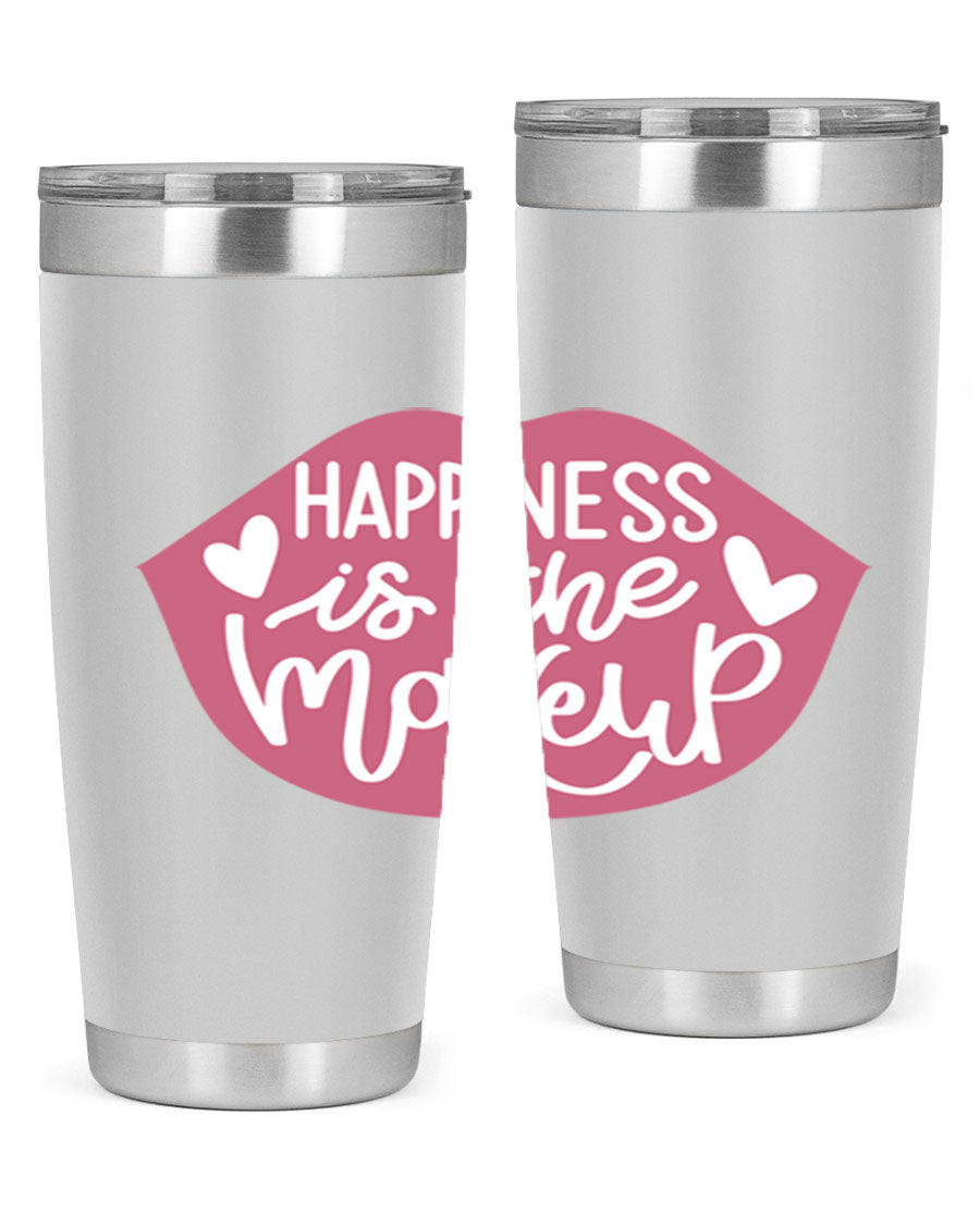 Happiness is the Makeup Style 92# 20oz Tumbler featuring a sleek stainless steel design with a vibrant print, perfect for hot and cold beverages.