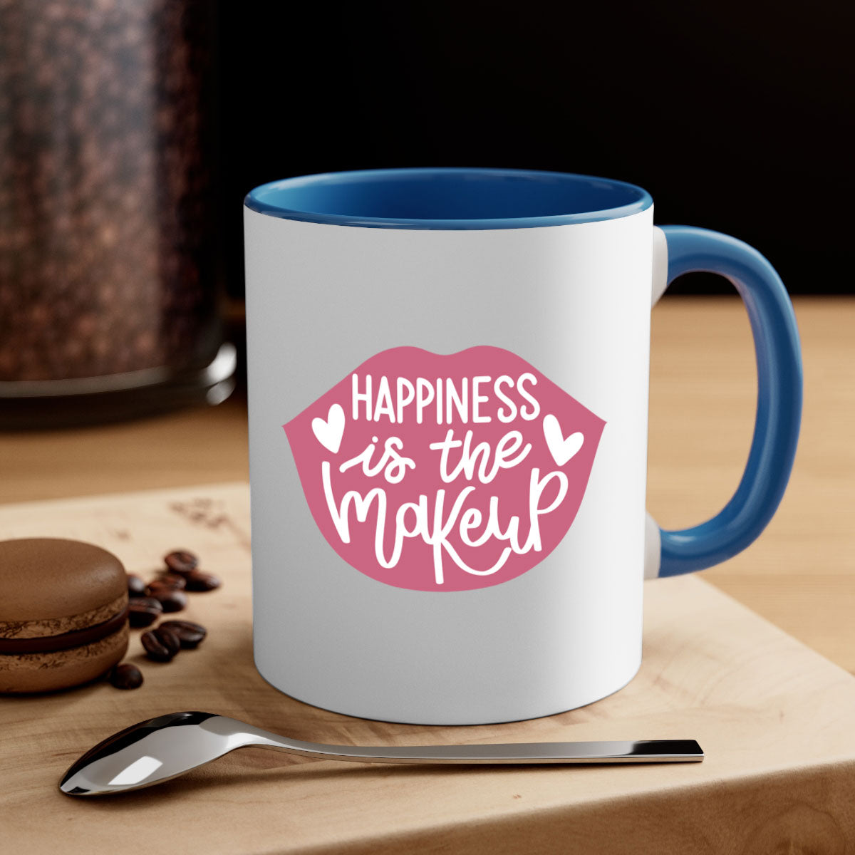 Happiness is the Makeup Style 92# Mug featuring a glossy finish and colorful handle, available in multiple colors and sizes.