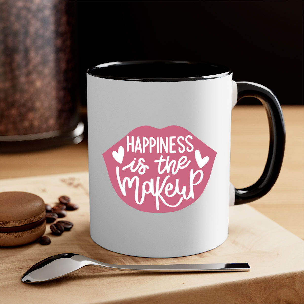 Happiness is the Makeup Style 92# Mug featuring a glossy finish and colorful handle, available in multiple colors and sizes.