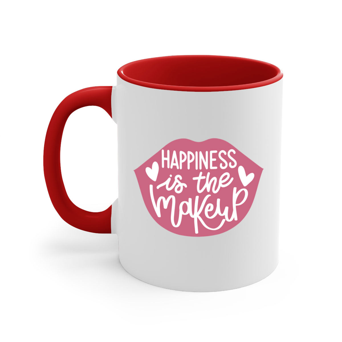 Happiness is the Makeup Style 92# Mug featuring a glossy finish and colorful handle, available in multiple colors and sizes.