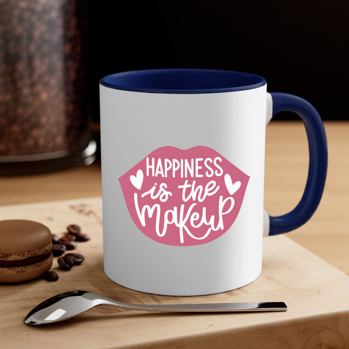 Happiness is the Makeup Style 92# Mug featuring a glossy finish and colorful handle, available in multiple colors and sizes.