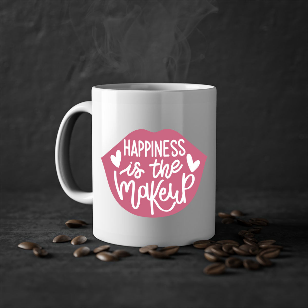 Happiness is the Makeup Style 92# Mug featuring a glossy finish and colorful handle, available in multiple colors and sizes.