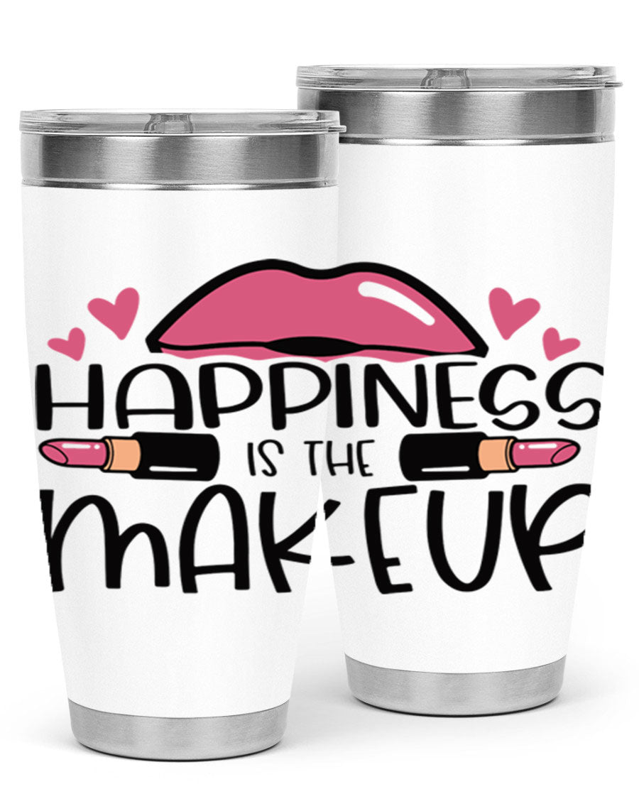 Hapiness Is The Makeup Style 95# Tumbler featuring a stylish design, double wall vacuum stainless steel construction, and a drink-thru lid.