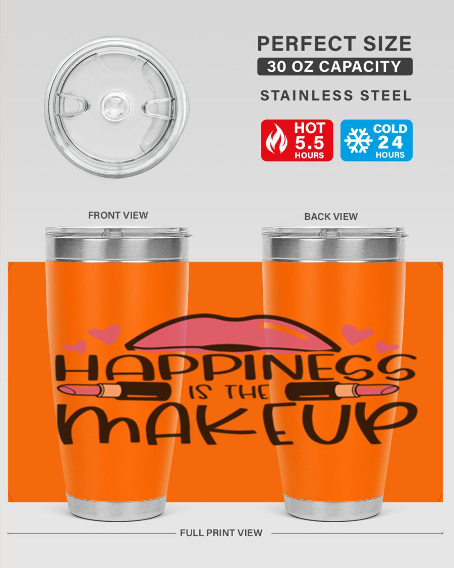 Hapiness Is The Makeup Style 95# Tumbler featuring a stylish design, double wall vacuum stainless steel construction, and a drink-thru lid.
