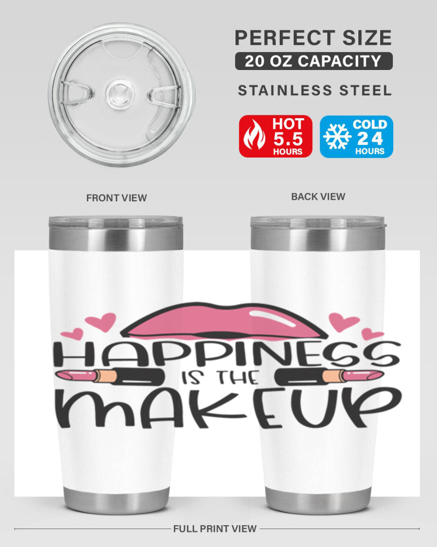 Hapiness Is The Makeup Style 95# Tumbler featuring a stylish design, double wall vacuum stainless steel construction, and a drink-thru lid.