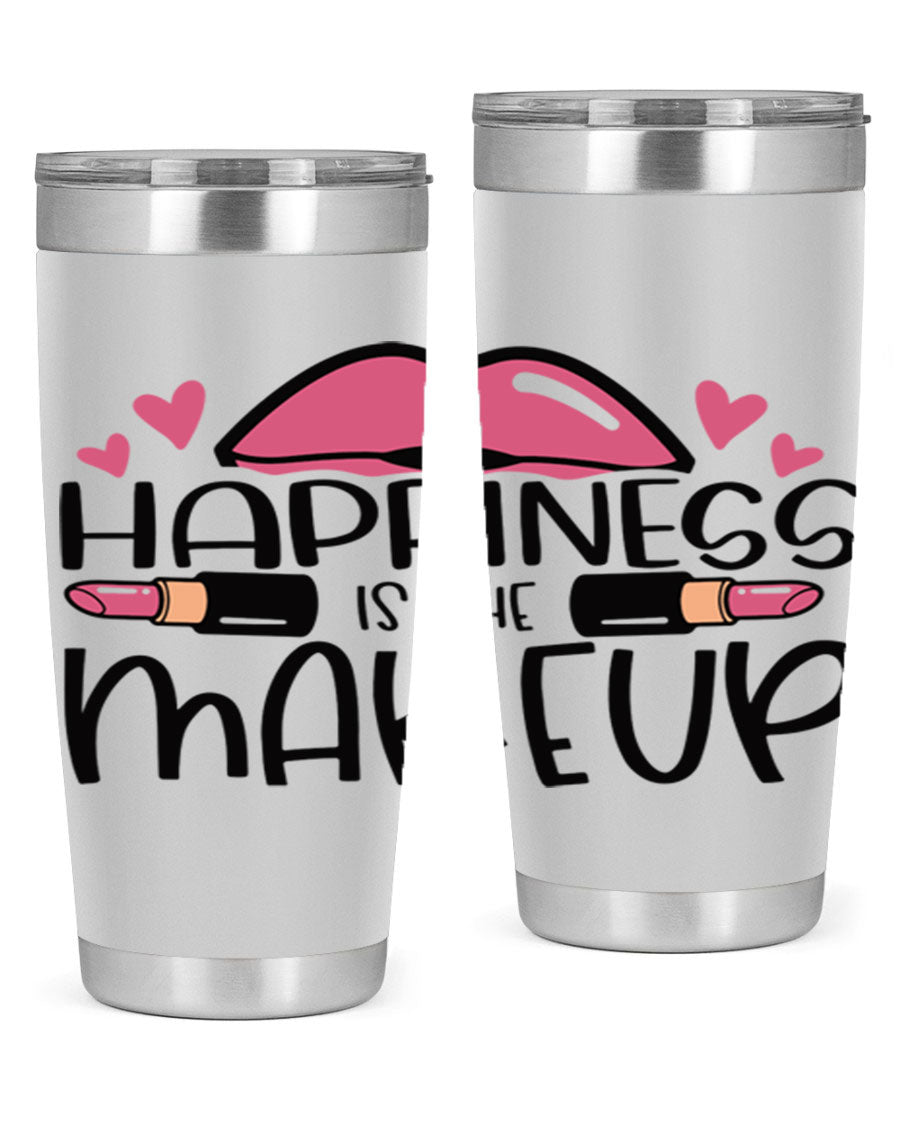 Hapiness Is The Makeup Style 95# Tumbler featuring a stylish design, double wall vacuum stainless steel construction, and a drink-thru lid.