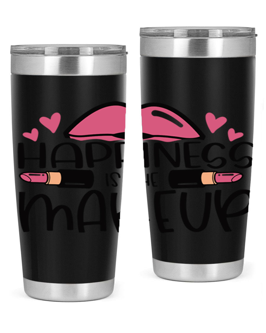 Hapiness Is The Makeup Style 95# Tumbler featuring a stylish design, double wall vacuum stainless steel construction, and a drink-thru lid.