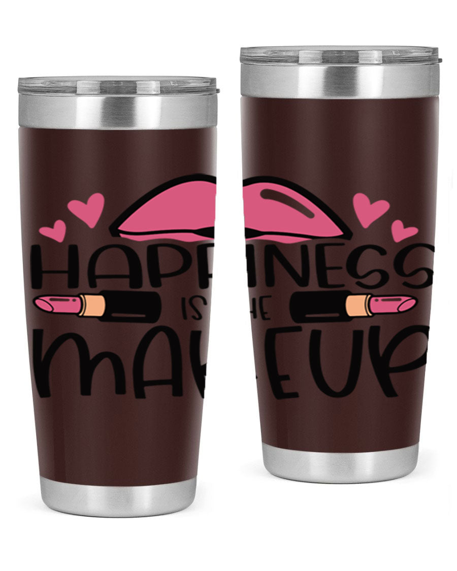 Hapiness Is The Makeup Style 95# Tumbler featuring a stylish design, double wall vacuum stainless steel construction, and a drink-thru lid.