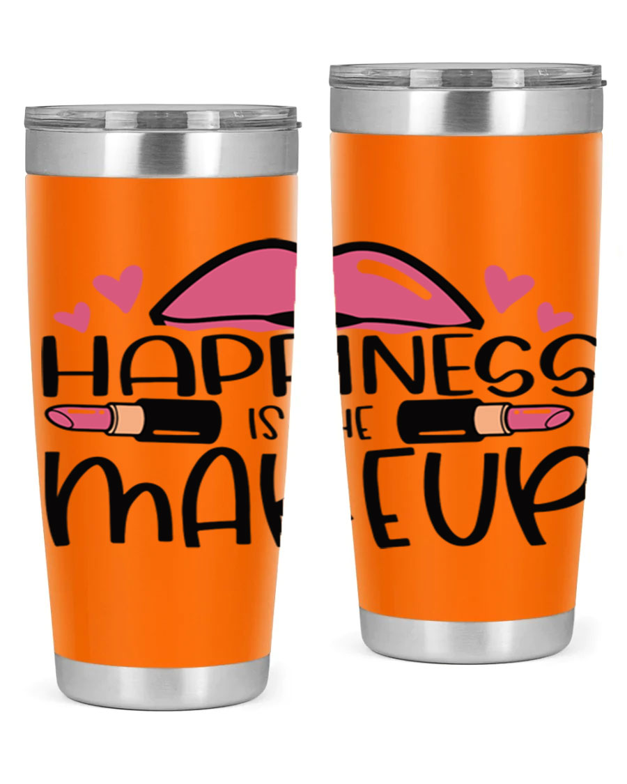 Hapiness Is The Makeup Style 95# Tumbler featuring a stylish design, double wall vacuum stainless steel construction, and a drink-thru lid.