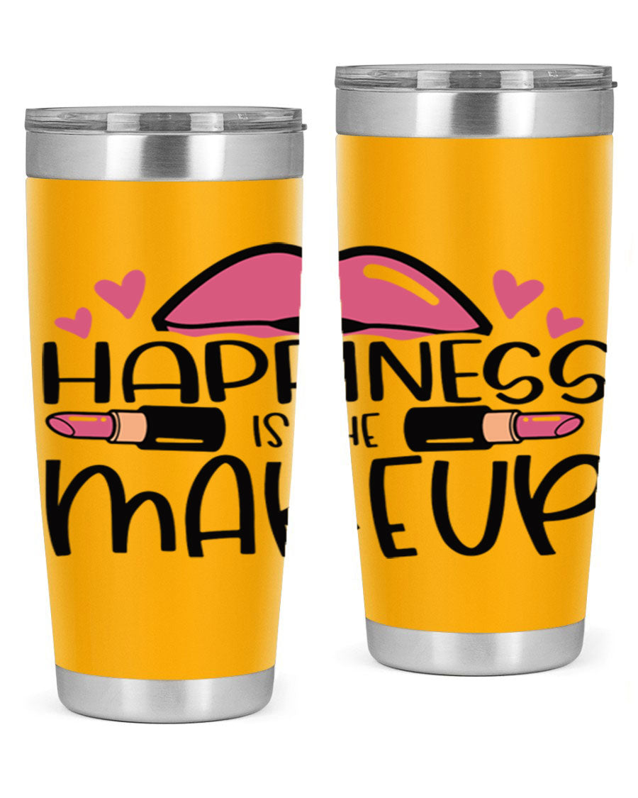 Hapiness Is The Makeup Style 95# Tumbler featuring a stylish design, double wall vacuum stainless steel construction, and a drink-thru lid.