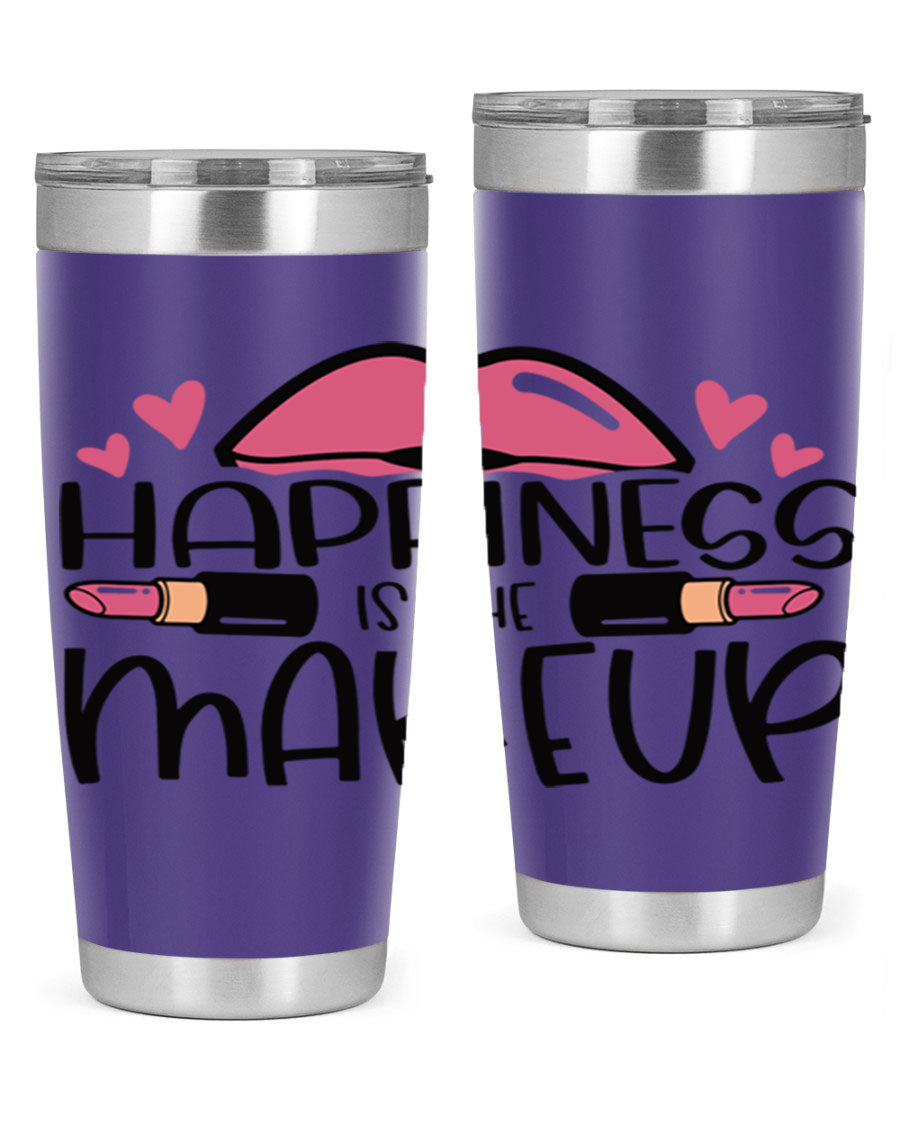 Hapiness Is The Makeup Style 95# Tumbler featuring a stylish design, double wall vacuum stainless steel construction, and a drink-thru lid.