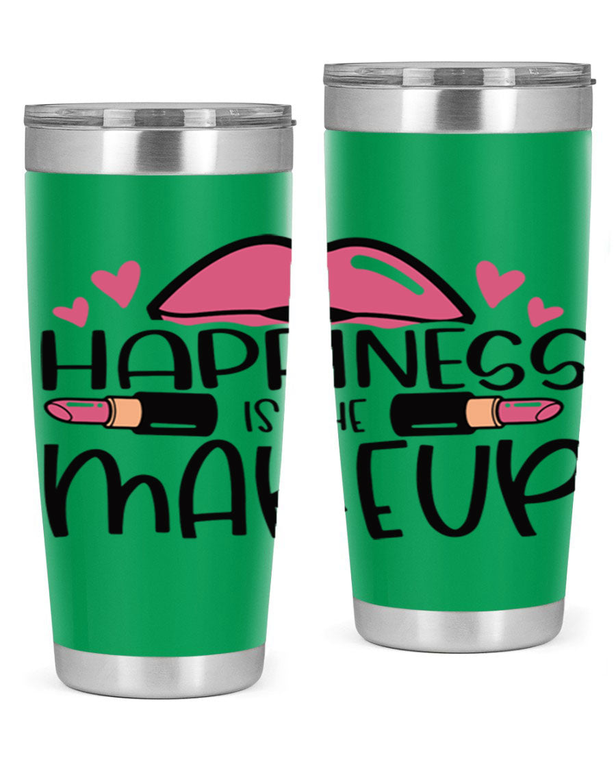 Hapiness Is The Makeup Style 95# Tumbler featuring a stylish design, double wall vacuum stainless steel construction, and a drink-thru lid.