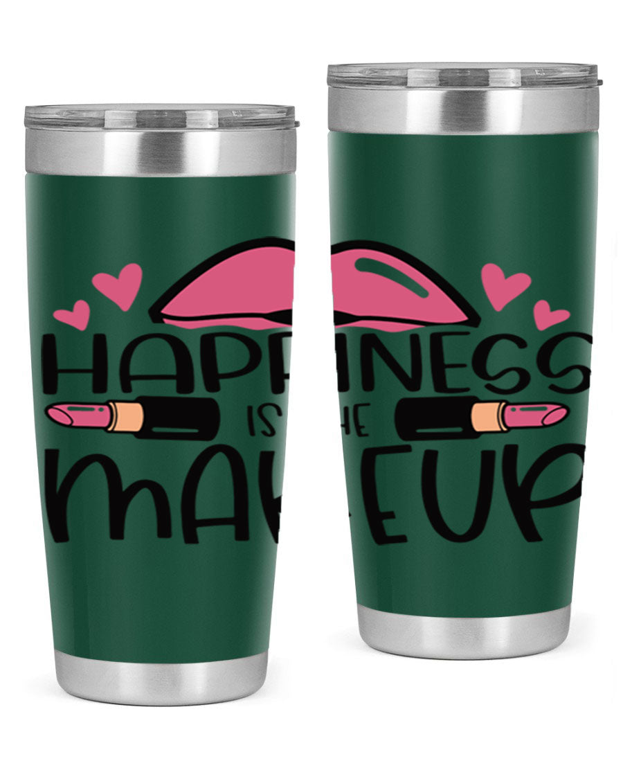 Hapiness Is The Makeup Style 95# Tumbler featuring a stylish design, double wall vacuum stainless steel construction, and a drink-thru lid.