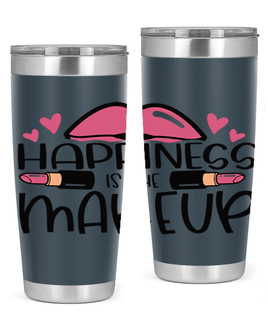 Hapiness Is The Makeup Style 95# Tumbler featuring a stylish design, double wall vacuum stainless steel construction, and a drink-thru lid.