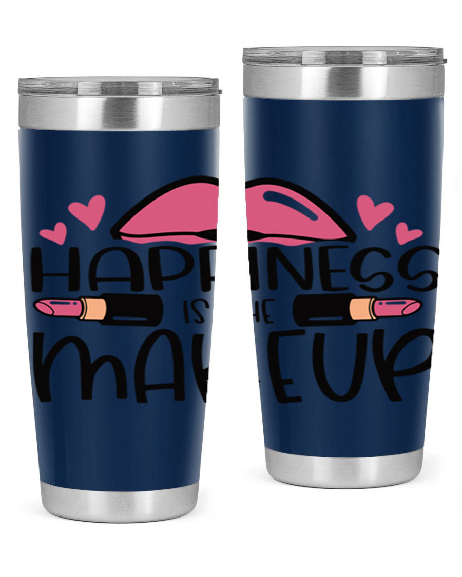 Hapiness Is The Makeup Style 95# Tumbler featuring a stylish design, double wall vacuum stainless steel construction, and a drink-thru lid.