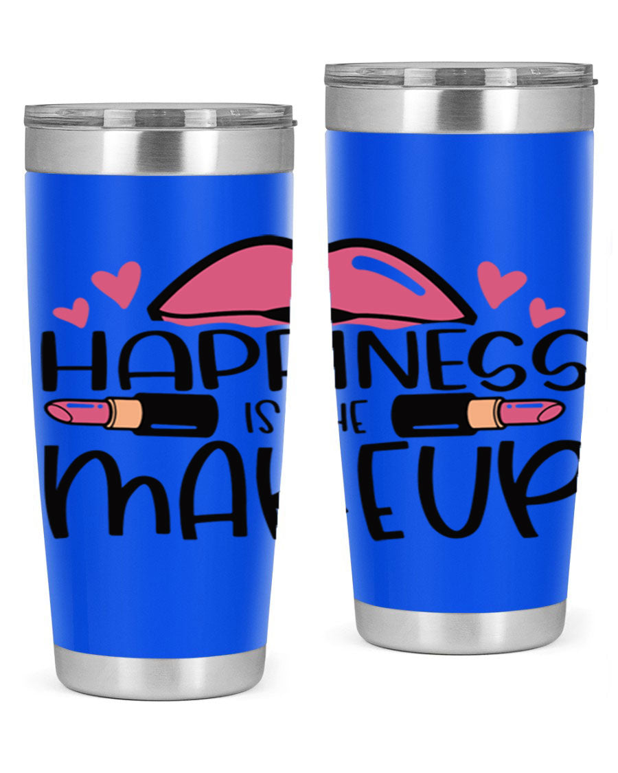 Hapiness Is The Makeup Style 95# Tumbler featuring a stylish design, double wall vacuum stainless steel construction, and a drink-thru lid.